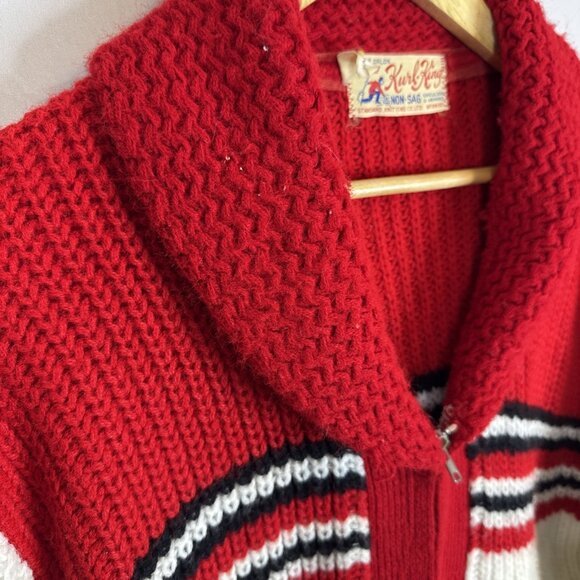Vintage Kurl King Men M Canada Curling Sweater Red White Shawl Zip Cardigan - Picture 3 of 7